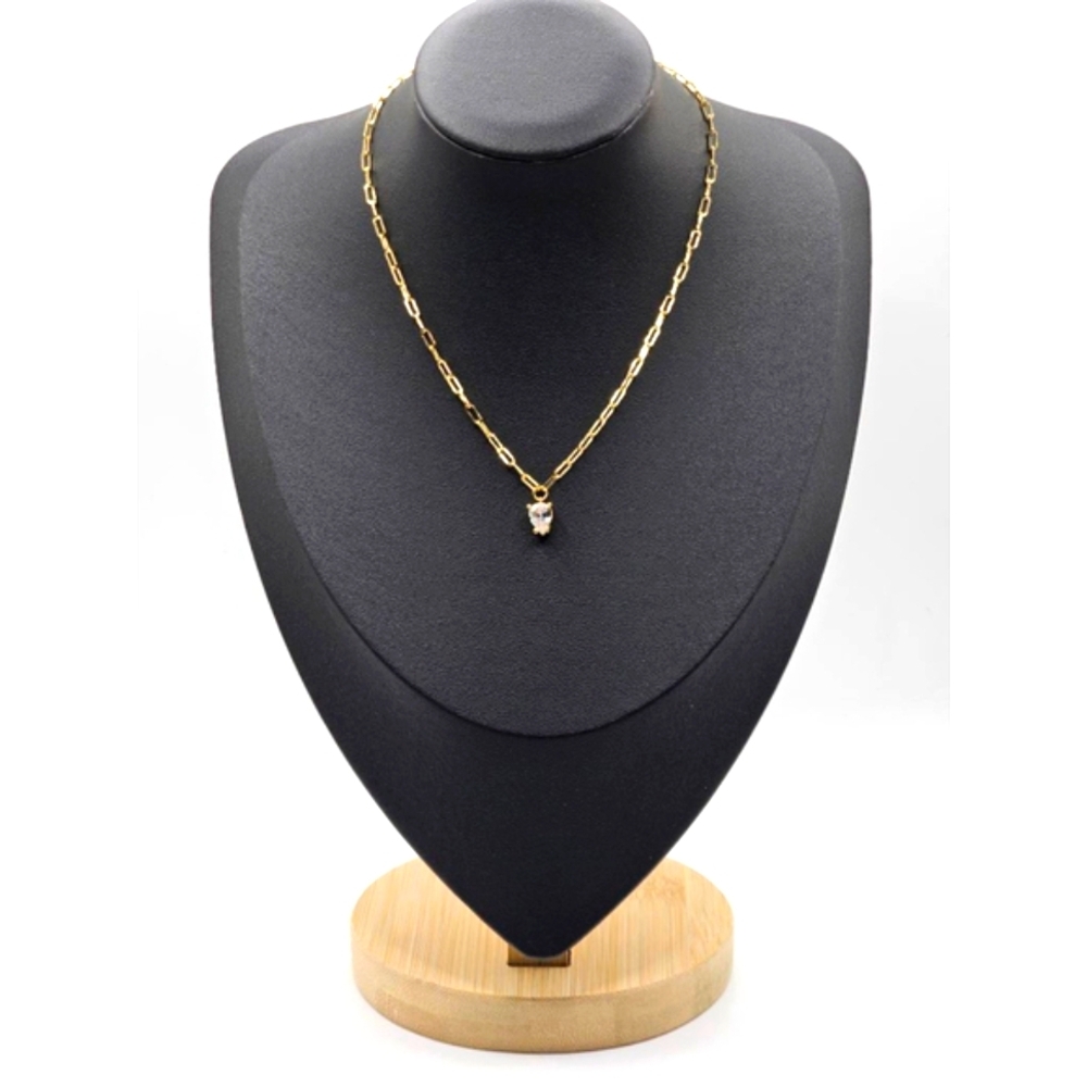 ๐ฟ 5/$25 ๐ฟ 22kt Gold Plated SS Paperclip Chain with Teardrop CZ Pendant 14-18" - Picture 2 of 4